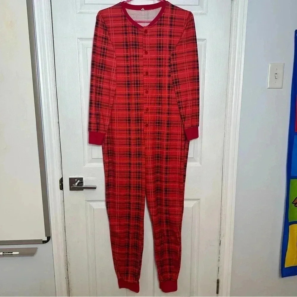 Pajamas Onesie Plaid Red & Black Bear  Size Medium